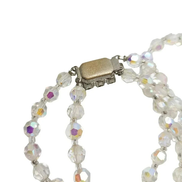 Clear Glass Aurora Borealis Crystal Dual Strand Rhinestone Clasp Necklace 17.5" - Picture 3 of 4